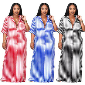 New Short Sleeve Loose Striped Print Shirt Dress Women Casual Oversize Dresses for Summer