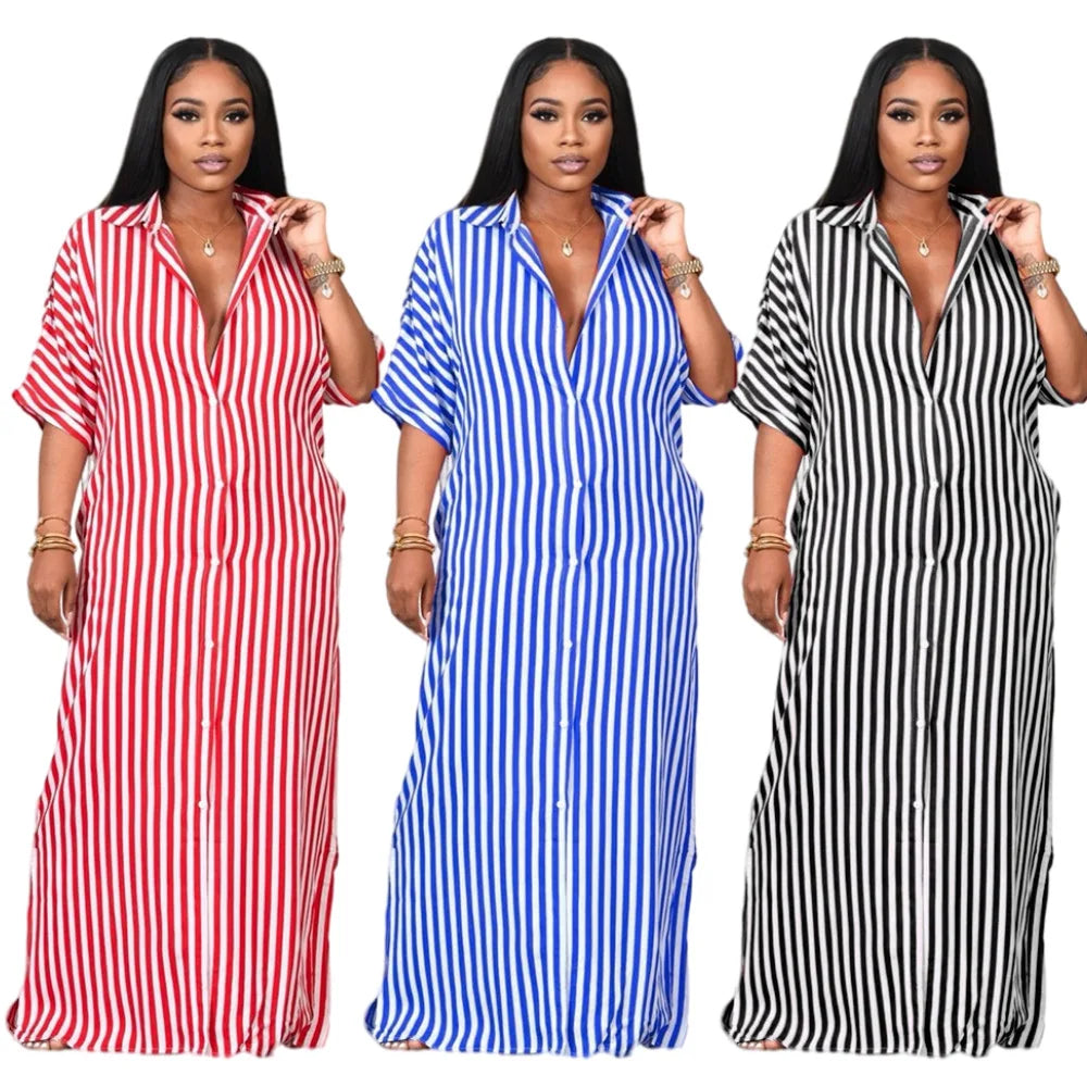 New Short Sleeve Loose Striped Print Shirt Dress Women Casual Oversize Dresses for Summer