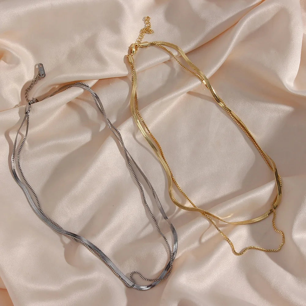 Layered Gold Plated Double Chain Necklace Stainless Steel Necklace Gold Plated Herringbone Chain Choker