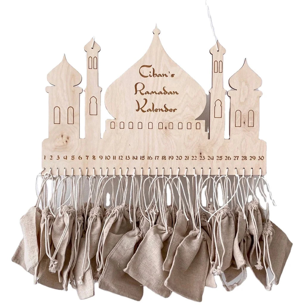 Factory Supply Wooden Eid Ramadan Castle Linen Bag Countdown Pendant Wood Calendar Craft Home Decoration Wall Craft Decor