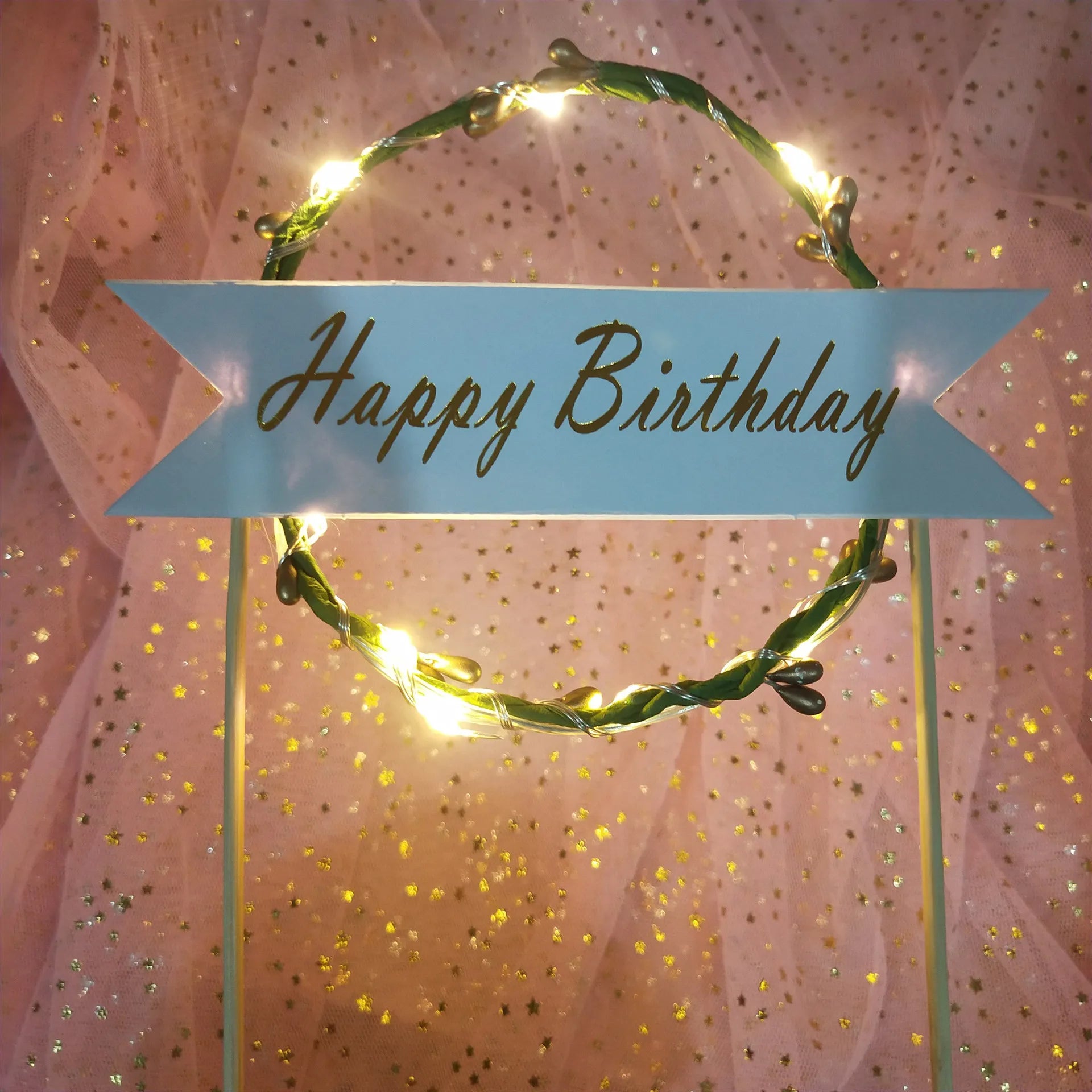 Birthday Party Decoration Happy Birthday Blue Yellow LED Cake Toppers Garland Gold Tag Button Switch