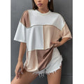 F230391 Custom Fashion Drop Shoulder Stitch Trim Color Block Tees Streetwear O-Neck Loose Top Summer Women Oversized T Shirts