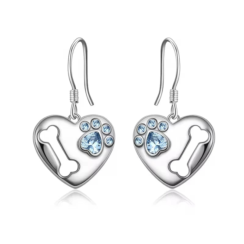 925 Sterling Silver Hollow Bone Heart Blue Zircon Dog Paw Hook Pendant Earrings