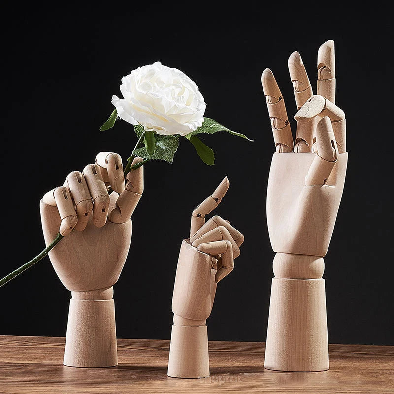 Wooden Hand Model Adjustable Solid Wooden Finger Joints Left Hand Right Hand for Drawing or Desktop Decoration