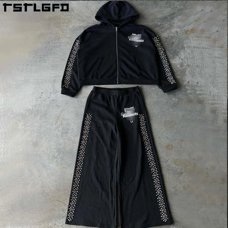 OEM Clothing Custom Zip up Hoodie Logo Men Joggers Sweatsuit Rhinestone Flare Sweatpants and Hoodie Set Tracksuit for Men