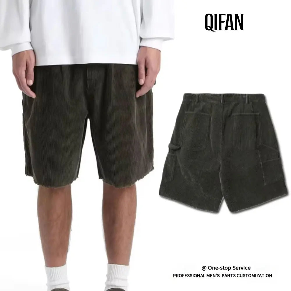 Custom Men's Casual 100% Cotton Corduroy Shorts with Fraying Hem Ragged Edge Solid Pattern Zipper Fly-OEM Service Available