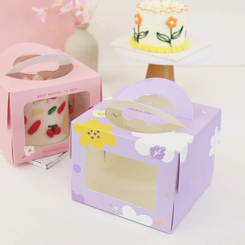 4 Inch Flower Design Portable Paper Cake Box With Handle and Transparent Window