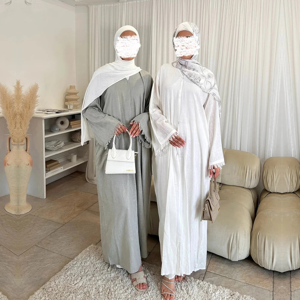 Islamic Clothing Dubai Linen Breathable Lightweight Open Abaya Wholesales Custom Summer Frayed for Muslim Women