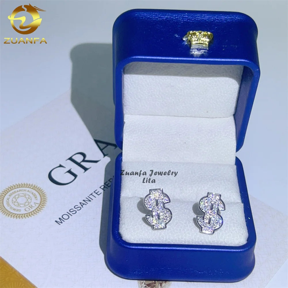 New Arrivals Luxury Dollar Earrings Screw Back 925 Sterling Silver Iced Out Vvs Moissanite Hip Hop Earring