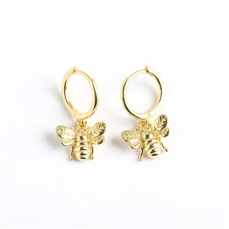 SP S925 Sterling Silver Popular Style Bee Dangle Hoop Earrings