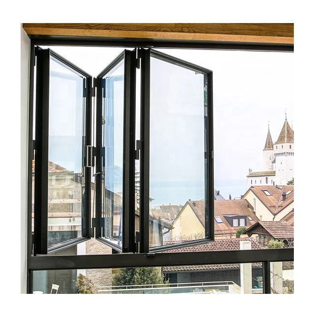 Black Folding Window Style Solar Panels for Exterior Stone Window Sill Bi-Fold Glass Corner Window