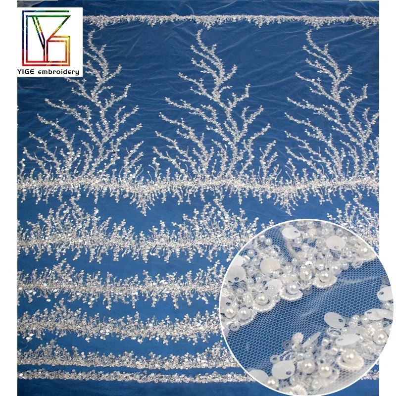 2022 Hottest Pure White Sequins Embroidered Fabric French Tulle Beaded Lace for Nigerian Bridal Wedding Dress Dress Fabric
