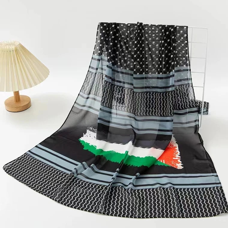 Wholesale 2025 Latest Ladies Chiffon Keffiyeh Custom  Neat Stitching Hijab Long Printed Women's Palestine Flag Scarf