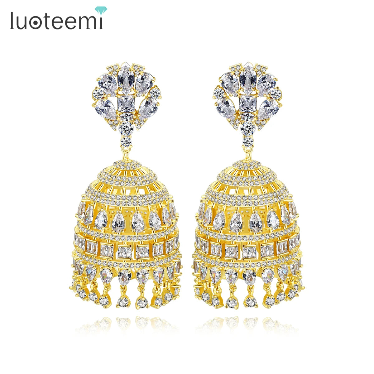 LUOTEEMI Indian Earrings Jhumka Cubic Zircon Tassel Earrings Indian Traditional Luxury Jewelry