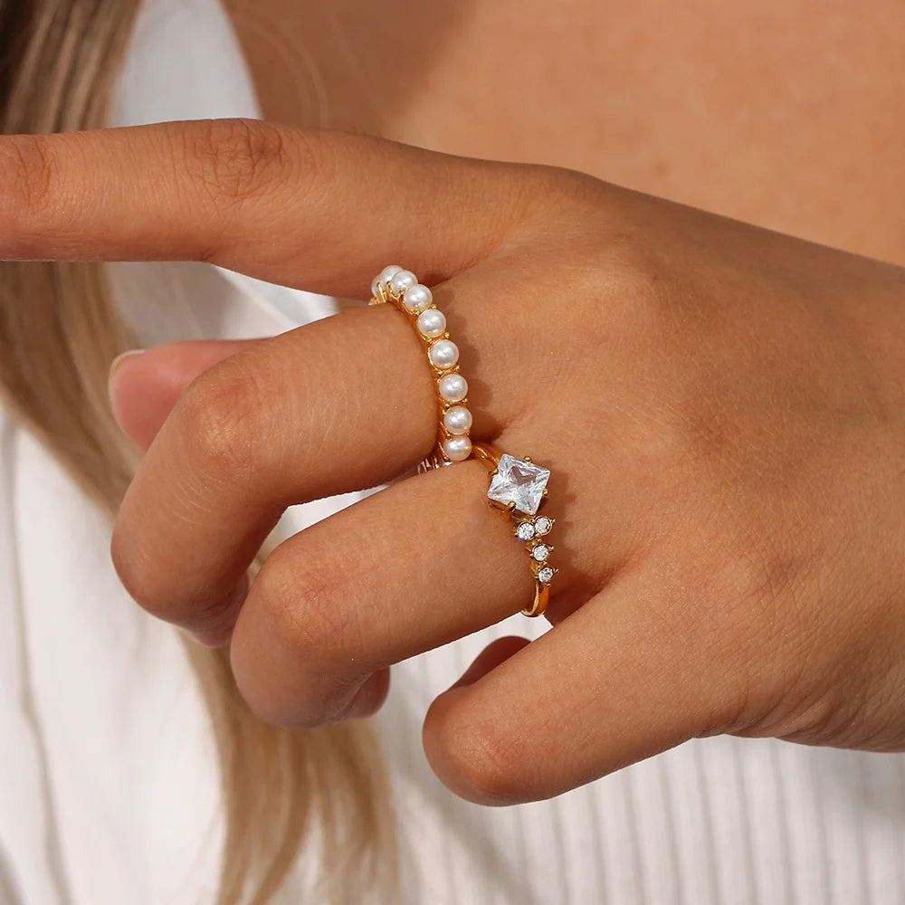 Dreamshow Elegant 18k Gold Plated Fresh Water Pearl Rings Jewelry Women Tarnish Free Stainless Steel Ring