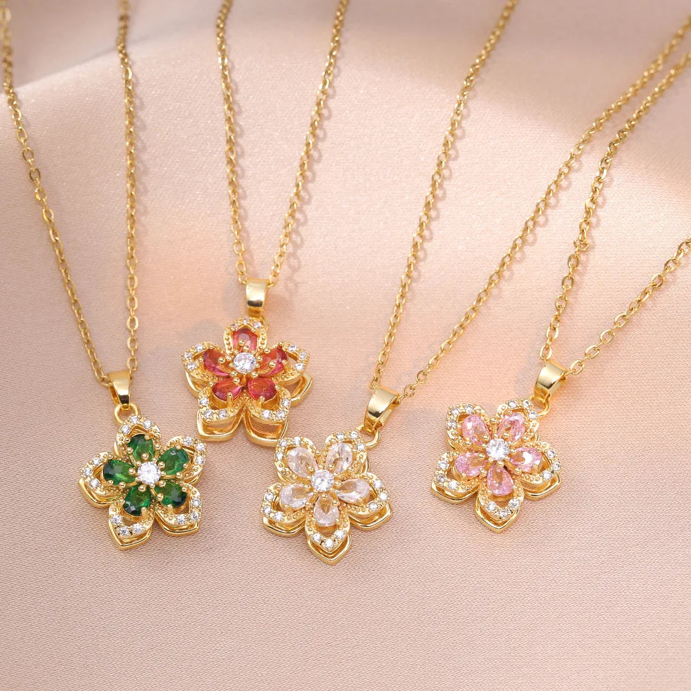 DAIHE Fashion New Design Bauhinia Zircon Flower Pendant Temperament Titanium Steel Necklace