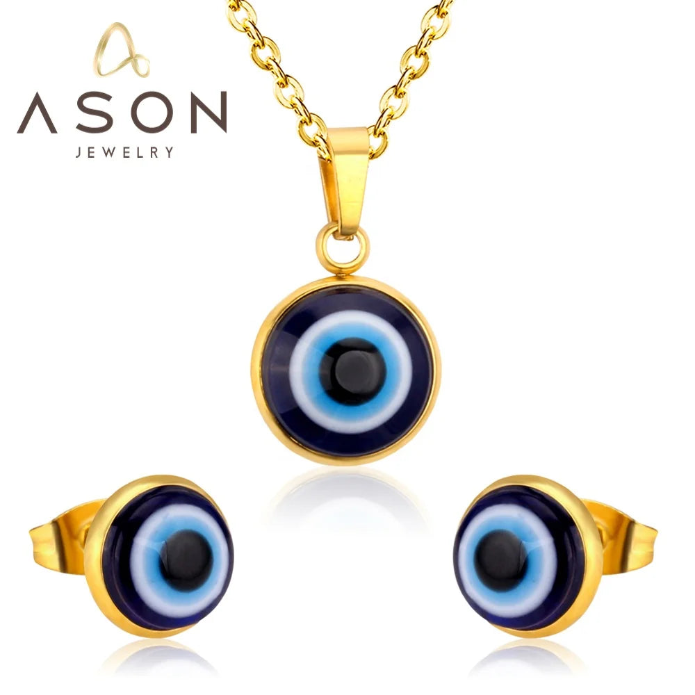 Ason Hot Sale Hypoallergenic Stainless Steel Jewelry Set Blue Eyeball Pendant Necklace and Stud Earrings Set