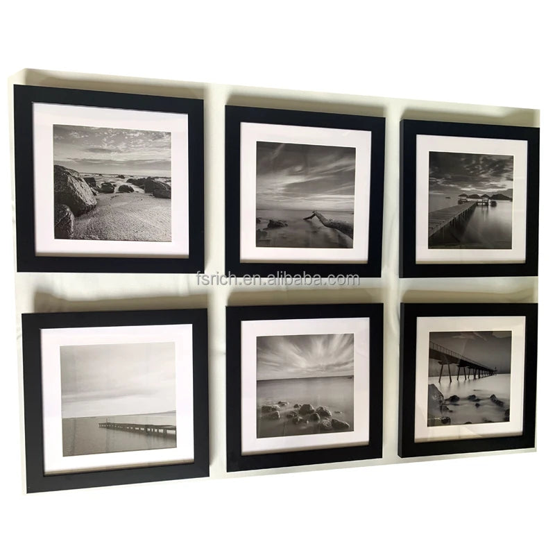 6 Panels Set Framed Canvas Print for Seascape Beach and Boat Sunrise Scenery Black and White Giclee Canvas Print Wall Art