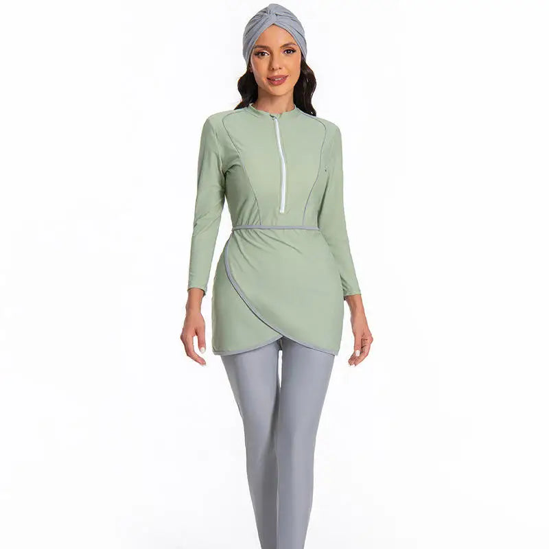 Muslim Modest Swimwear Set Candy Solid Color Long Sleeves Swimsuit  Burkini for Muslim Woman