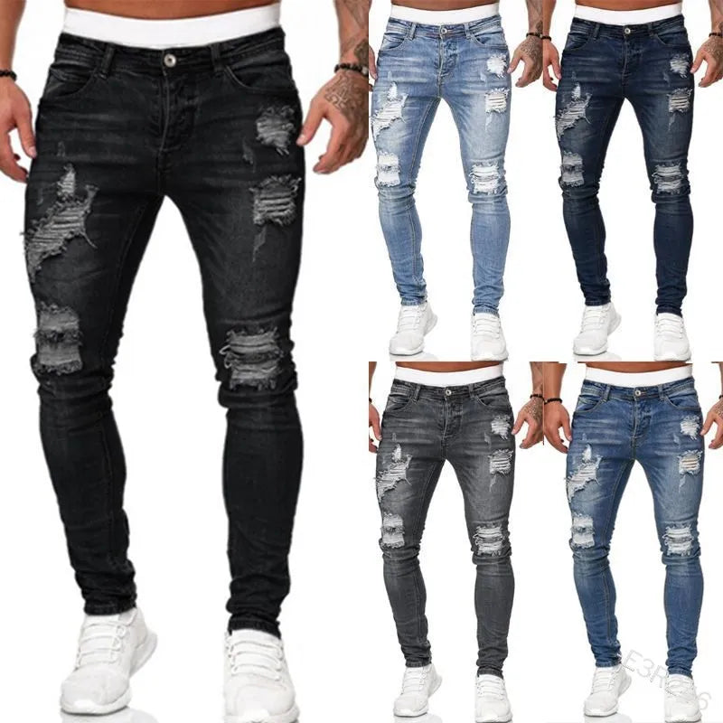 2026 Cross-border Classic Style Denim Pants - Best-selling Men's Tight Denim Pants with Hole Washed and Dried MegaBDM
