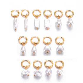 Trendy Vintage Fashion Children's Shiny 18K Gold Plated Stainless Steel Imitation Pearl Hoop Dangle Drop Earrings for