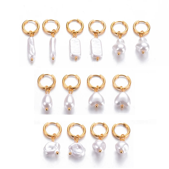 Trendy Vintage Fashion Children's Shiny 18K Gold Plated Stainless Steel Imitation Pearl Hoop Dangle Drop Earrings for