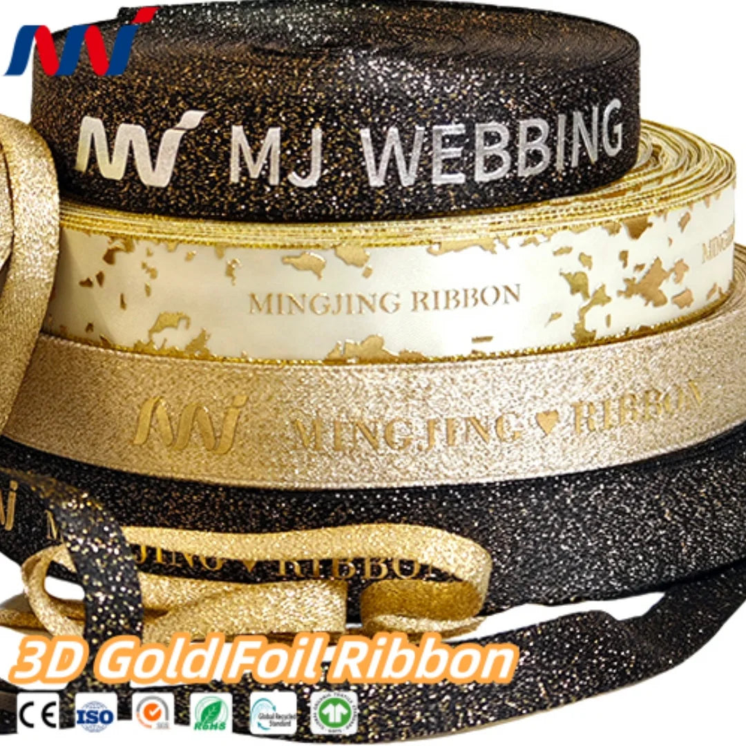 3D Gold Foil Satin Grosgrain Ribbon Webbing Eco-friendly Durability Silver Glitter Softness Diversity Made Gift Wrapping Ribbon