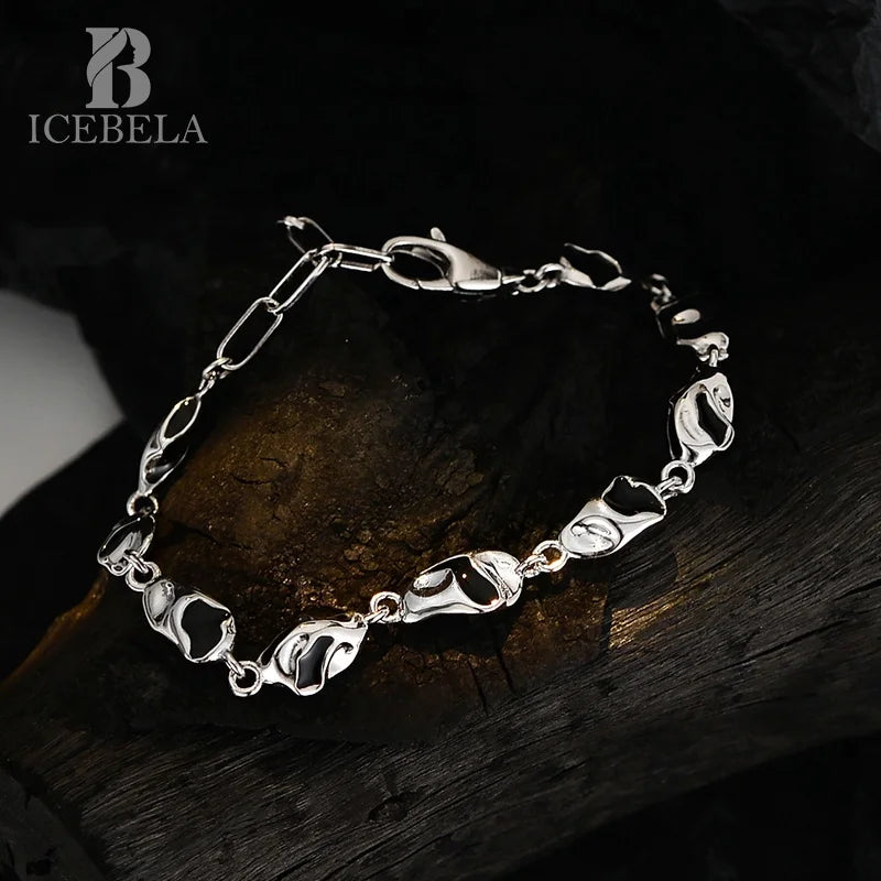 ICEBELA Jewelry Irregular Black Drop Glaze Bracelet Temperament S25 Sterling Silver Black Enamel Bracelet