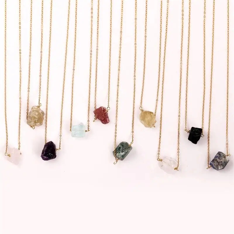 Trendy Mini Stone Pendant Necklace for Women Beautiful Natural Raw Birthstone Citrine Rose Quartz Raw Steel Link Gemstone