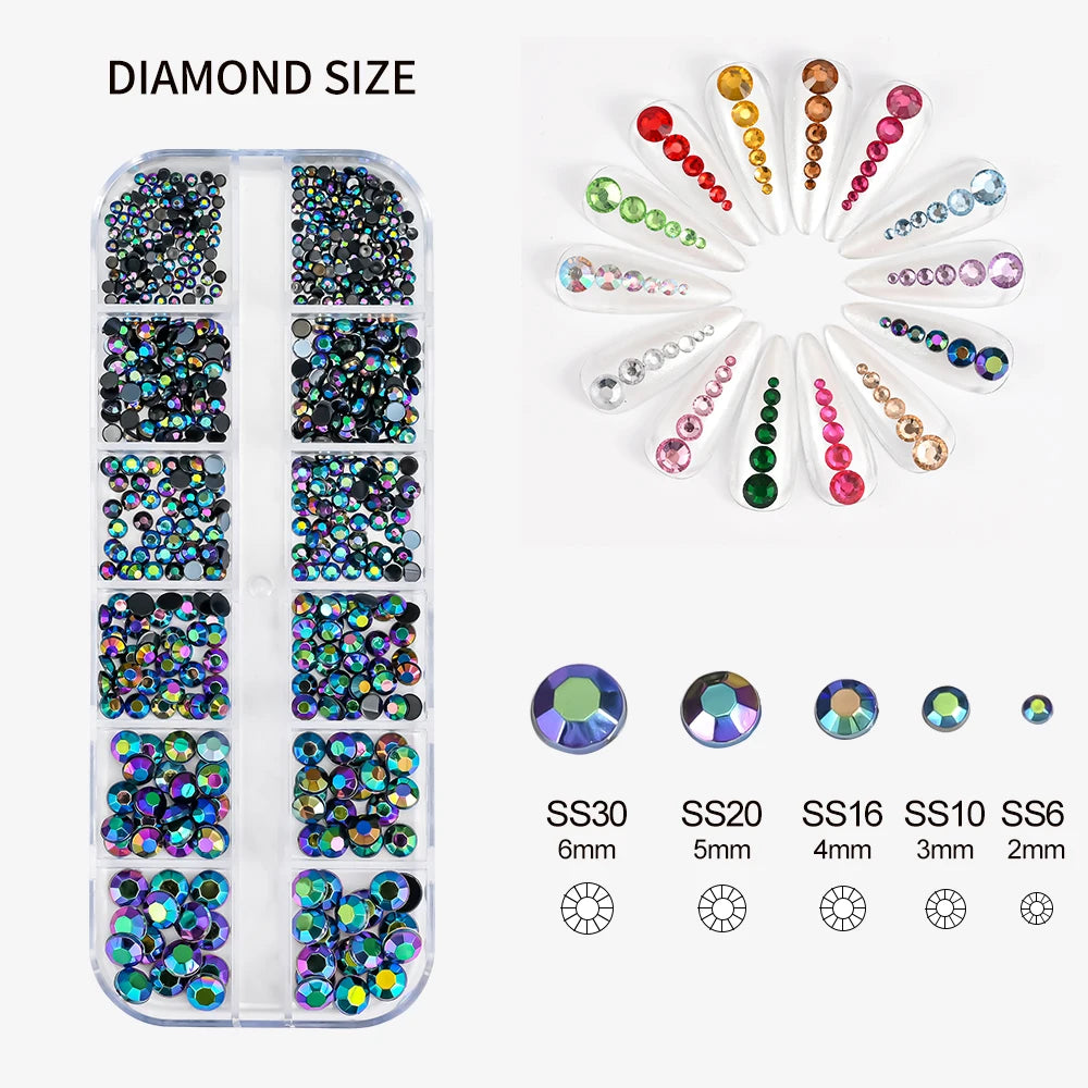 12Grids AB Crystal Nail Rhinestones Flat-back Glitter Rose Gold Pink 3D DIY Nail Art Decoration Charms 2~6mm SS6-SS30 1400 Pcs