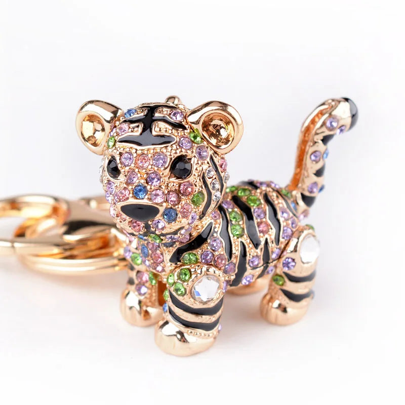 Fashion Crystal Diamond Animal Tiger Car Key Ring Women Rhinestone Tiger Keychain Wholesale
