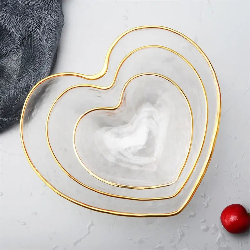Crystal Dessert Bowl Glass Heart Bowl with Golden Trimming for Serving Fruit Salad Snack