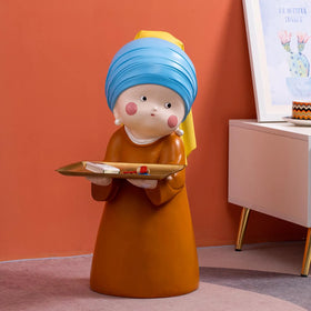 Large Size Girl Sculoture Resin Crafts Cute Ornament Artistic Woman Statue With Storage Iron Tray