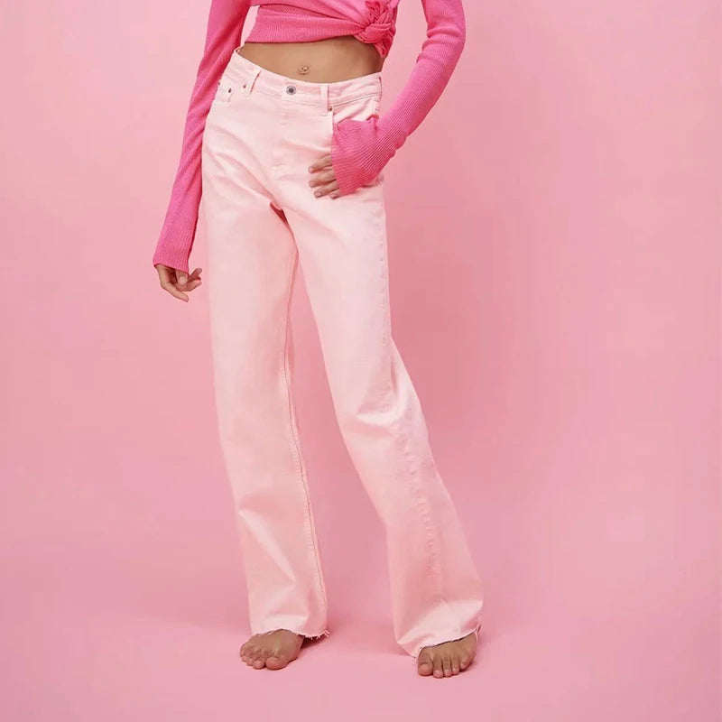 Jeans De Damas En Colores  Baggy Low Waist Straight Colored pink Designed Women Denim Jeans