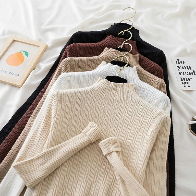 Factory Wholesale Autumn Winter Warm Knitted Tops Ribbed Pullover High Neck Crew Neck Sweater for Women Knitwear