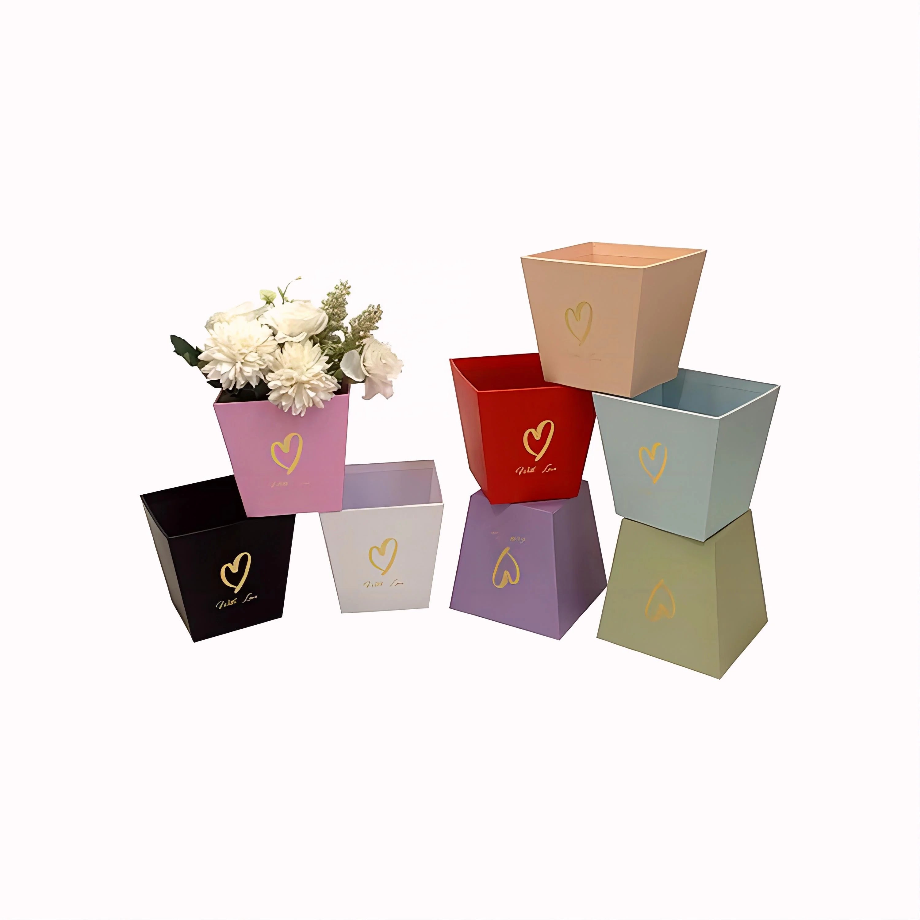 Valentine's Day Macaroon Color Small Flower Bucket Square and Trapezoidal Flower Box with Hand Embossing for Gift Giving