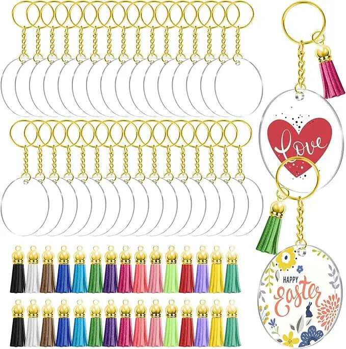 Custom Printing Logo Acrylic Transparent Discs Keychain Rings Clear Acrylic Keychain Colorful Tassel Pendants for Craft DIY