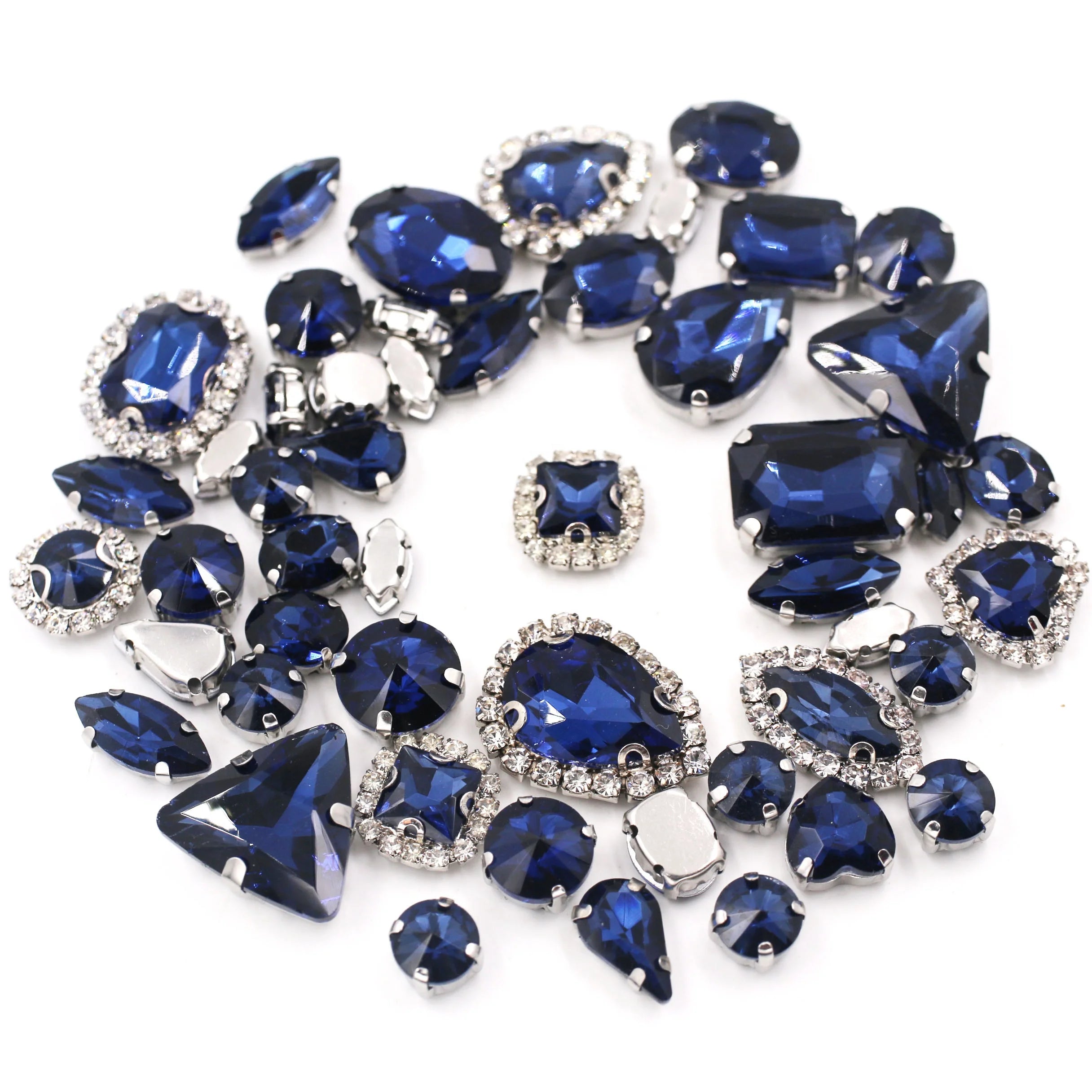 Wholesale 3D Sew-On Ink Blue Mixed Claw Diamond Crystal Buckle Glass Rhinestones with Silver Claw for Garment Decoration