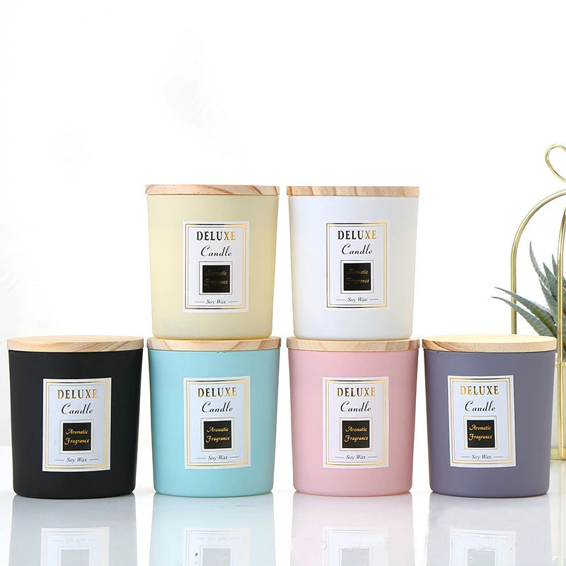 Wholesale Frosted Luxury Empty Candle Jar Glass Multi-Color with Bamboo Wooden Lids-for Christmas or Year-Round Use