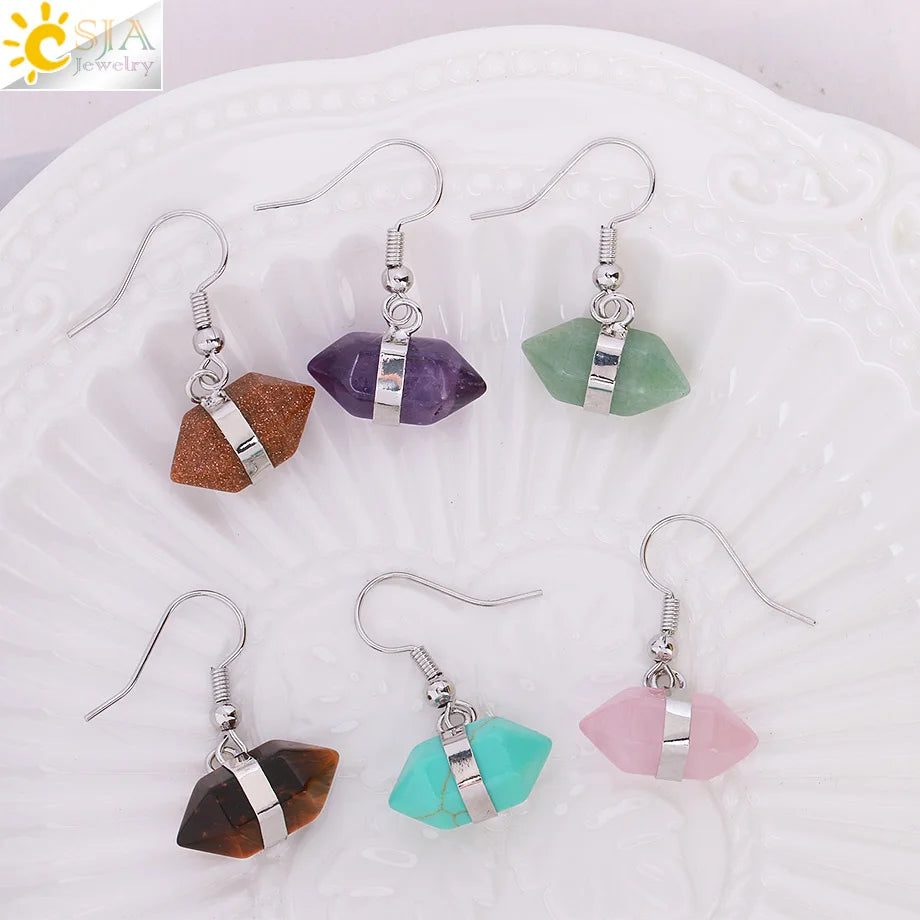 CSJA Wholesale Natural Healing Turquoise Stone Crystals Earrings Hexagonal Double Women Earring Statement Jewelry 2022 G986