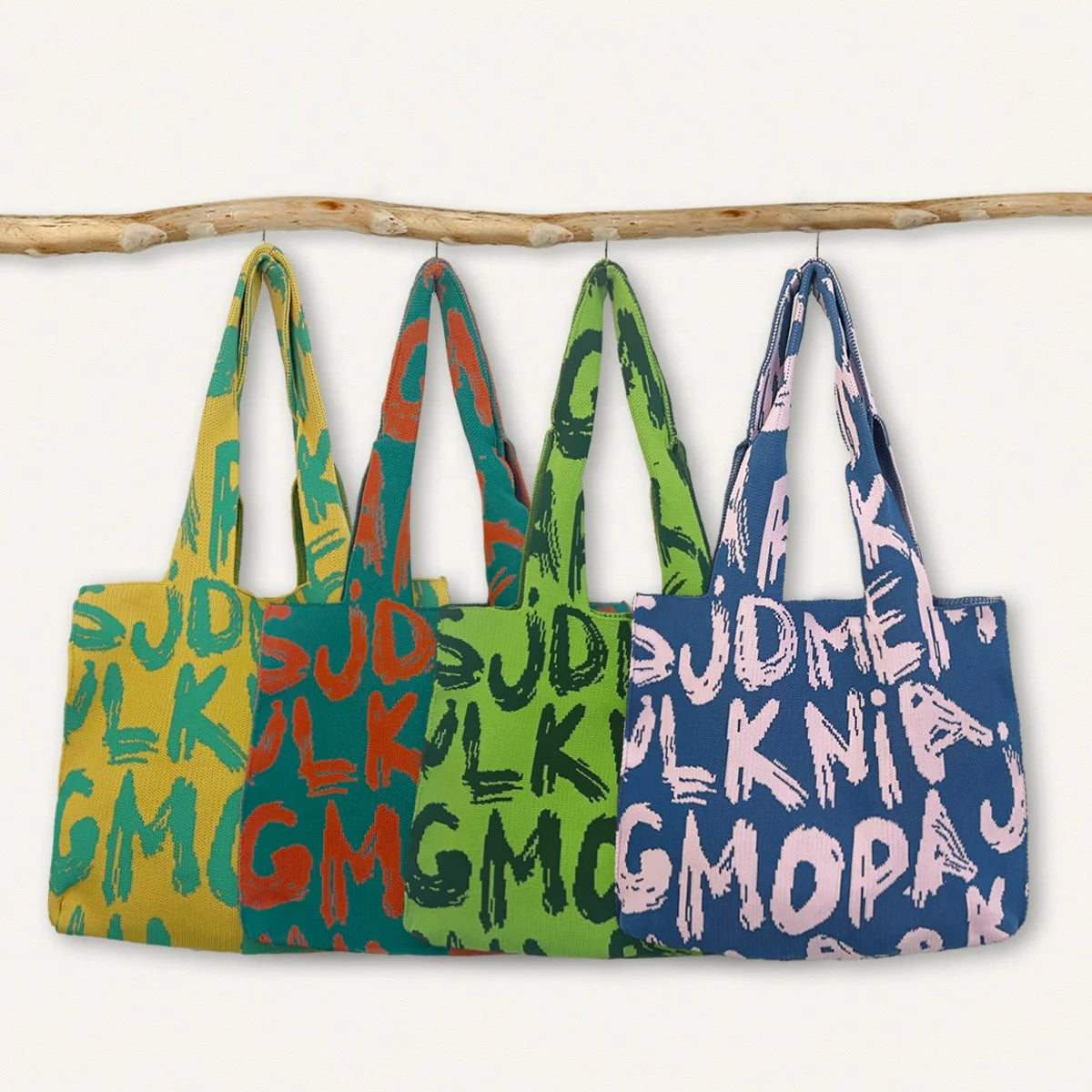 2023 New Hot Sale Korean Style Women's Tote Bag Knitted Crochet Large Capacity Open Closure Letter Pattern for Back to Office
