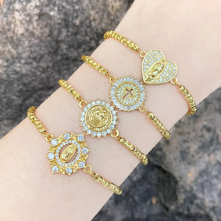 Y236 Wholesale 18k Gold Plated Vintage Cross Pendant Heart Zircon Inlaid Saint Benedict Virgin Mary Charm Adjustable Bracelets