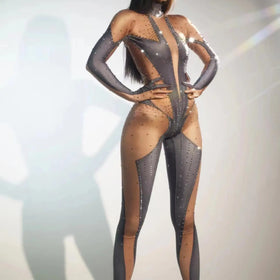 Shiny Long Sleeve Stage Bodysuits Show Pole Dance Wear Club Party Leotard Bodycon Romper Women Rhinestone One Piece Jumpsuits