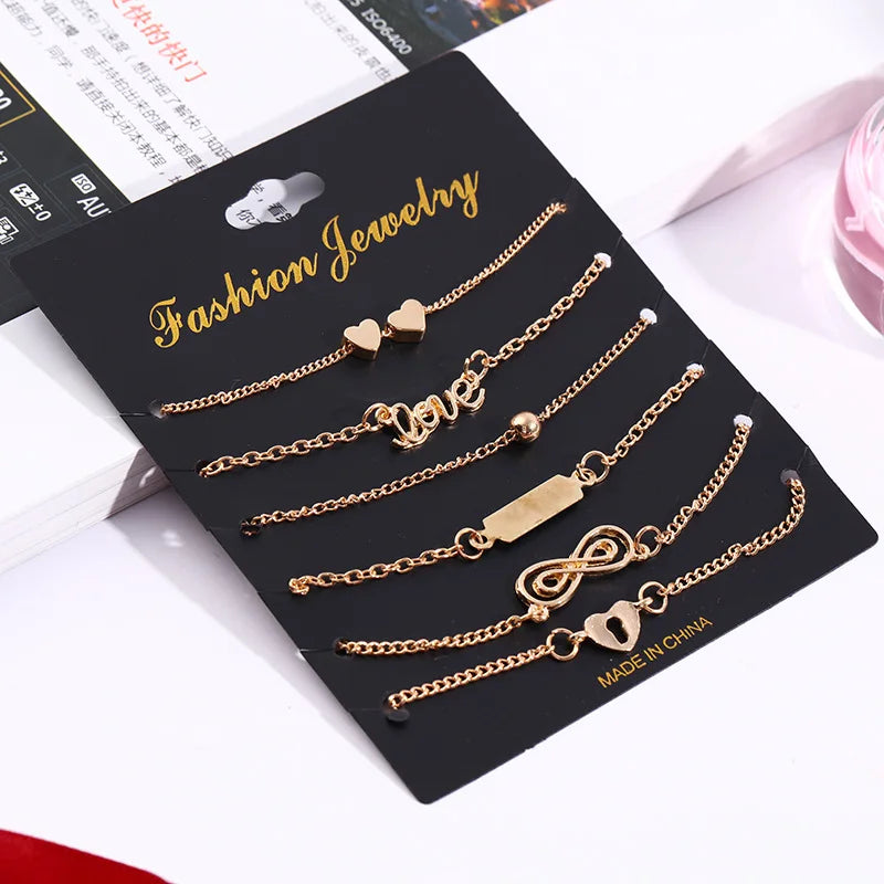 2022 Fashion Ankles 6 Pcs Gold Ankle Set Shape Heart and 8 Anklet Pretty Gift for Women Girls