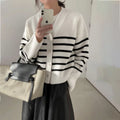 Spring Autumn Winter V-neck Single-breasted Ladies Striped Sweaters Tops Full Sleeve Loose Female Knitted Cardigans Sweater 2024