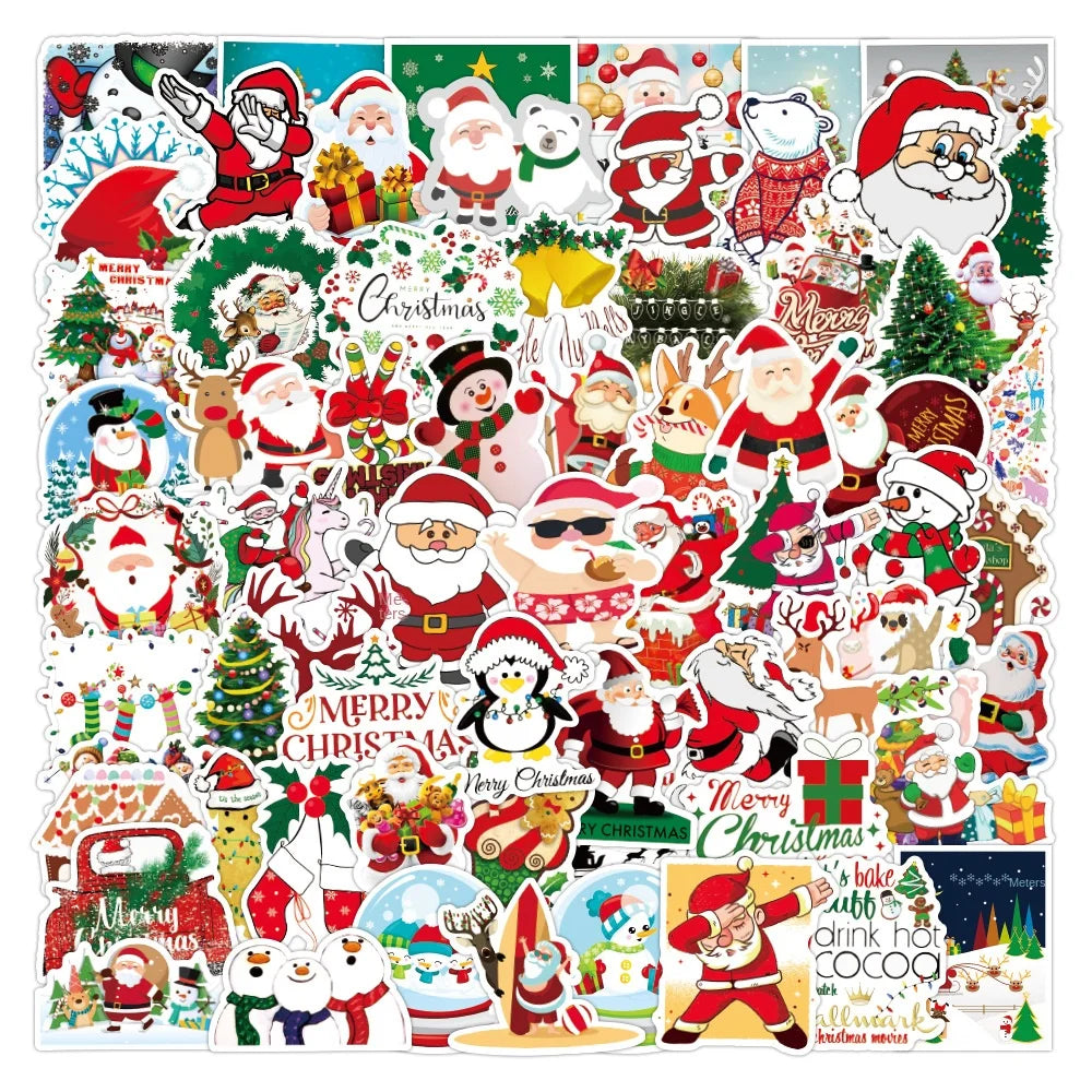 100qty Santa Claus Cartoon Sticker Christmas Holiday Decoration Waterproof Luggage Christmas Sticker Waterproof Stickers