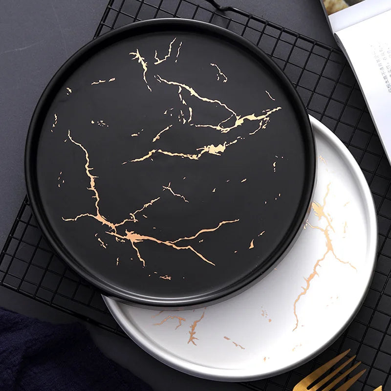 10/12 Inch Black/White Marble Ceramic Round Flat Plate Color Glazed Marble Round Dinner Porcelain Plate