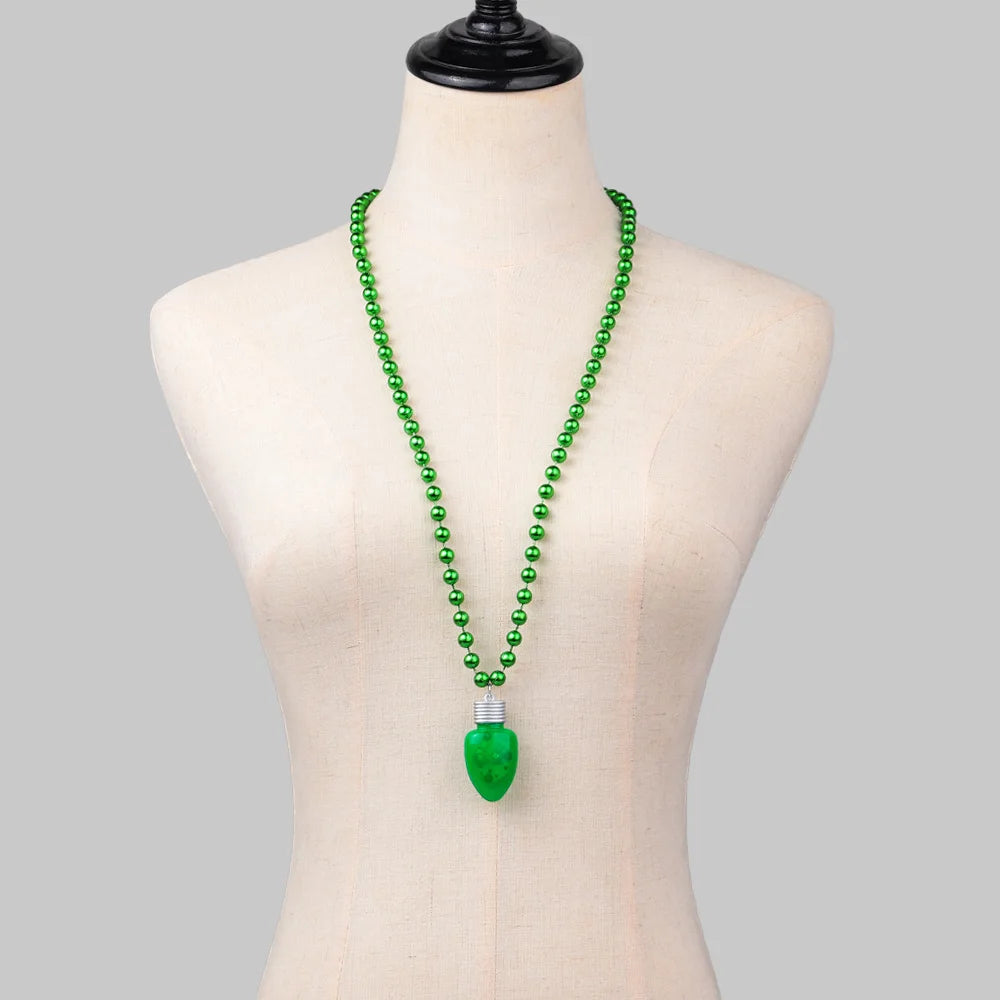 New Fashion LED Luminous Green Plastic Beads Long Necklace Trendy Christmas Sweater Accessory for Unisex Parties