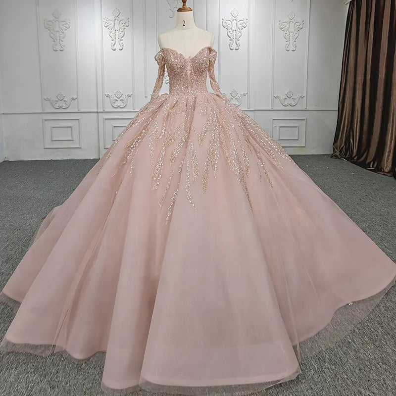 Jancember DY9952 Off Shoulder Sequined Tulle Organza Plus Size Evening Dress