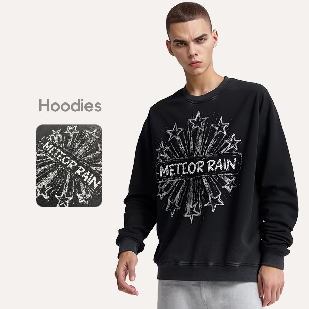 Bomery 2025 Autumn Crew-neck Hoodie Heavy 430G White Ink Digital Direct Print 100% Cotton Washed Water-Made Old Fried Color